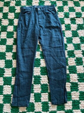 Alex Crane Teal/ Navy Slim Straight Pants - Classic Everyday Linen Trousers